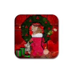 Christmas, Funny Kitten With Gifts Rubber Square Coaster (4 Pack)  by FantasyWorld7