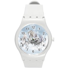 Awesome Running Horses In The Snow Round Plastic Sport Watch (m) by FantasyWorld7