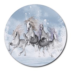 Awesome Running Horses In The Snow Round Mousepads by FantasyWorld7