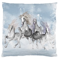 Awesome Running Horses In The Snow Large Cushion Case (two Sides) by FantasyWorld7