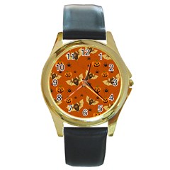 Bat, Pumpkin And Spider Pattern Round Gold Metal Watch by Valentinaart
