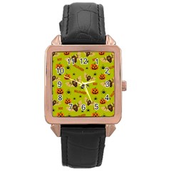 Bat, pumpkin and spider pattern Rose Gold Leather Watch 