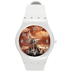 Cute Baby Elephant On A Jetty Round Plastic Sport Watch (m) by FantasyWorld7