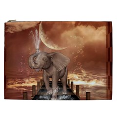 Cute Baby Elephant On A Jetty Cosmetic Bag (xxl)  by FantasyWorld7