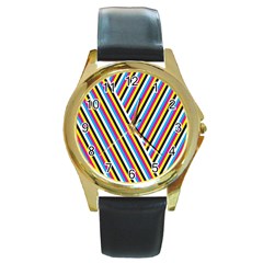 Lines Chevron Yellow Pink Blue Black White Cute Round Gold Metal Watch by Mariart