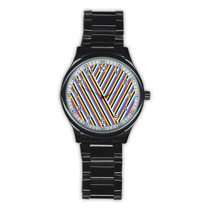 Lines Chevron Yellow Pink Blue Black White Cute Stainless Steel Round Watch