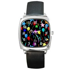 Party Pattern Star Balloon Candle Happy Square Metal Watch by Mariart