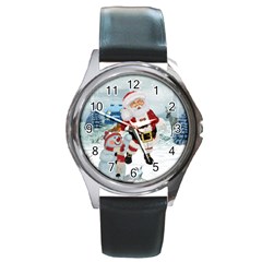 Funny Santa Claus With Snowman Round Metal Watch by FantasyWorld7