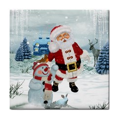 Funny Santa Claus With Snowman Tile Coasters by FantasyWorld7