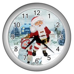 Funny Santa Claus With Snowman Wall Clocks (silver)  by FantasyWorld7