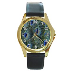 Peacock Feathers Blue Bird Nature Round Gold Metal Watch by Nexatart