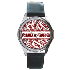 Travel Warning Shield Stamp Round Metal Watch