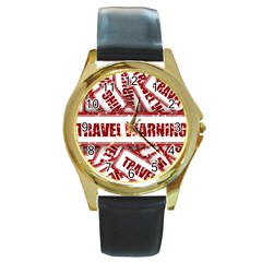 Travel Warning Shield Stamp Round Gold Metal Watch