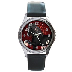 Awesmoe Black Horse With Flowers On Red Background Round Metal Watch by FantasyWorld7