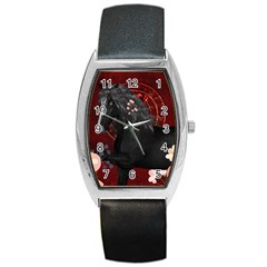Awesmoe Black Horse With Flowers On Red Background Barrel Style Metal Watch by FantasyWorld7