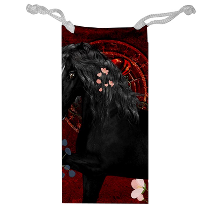 Awesmoe Black Horse With Flowers On Red Background Jewelry Bag