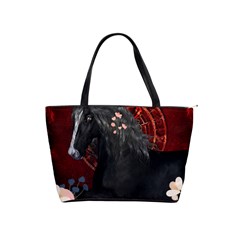 Awesmoe Black Horse With Flowers On Red Background Shoulder Handbags by FantasyWorld7