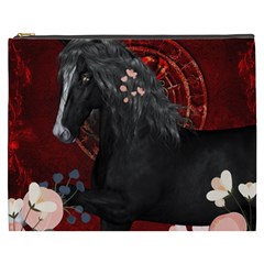 Awesmoe Black Horse With Flowers On Red Background Cosmetic Bag (xxxl) 