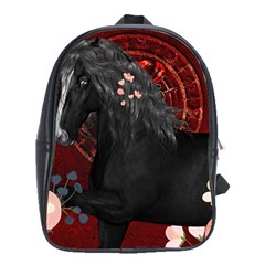 Awesmoe Black Horse With Flowers On Red Background School Bag (xl) by FantasyWorld7