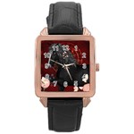 Awesmoe Black Horse With Flowers On Red Background Rose Gold Leather Watch  Front