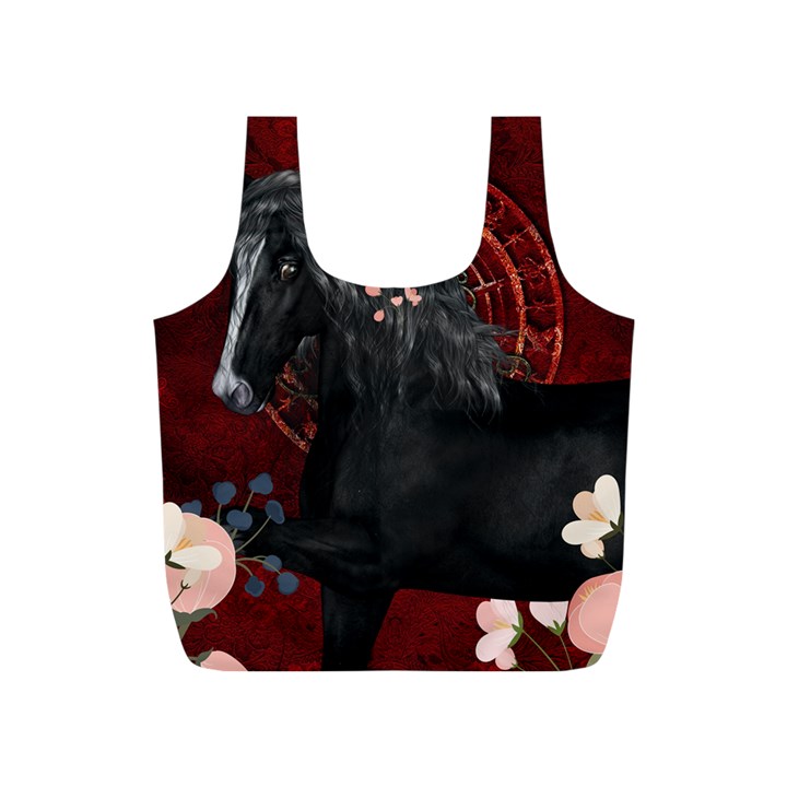 Awesmoe Black Horse With Flowers On Red Background Full Print Recycle Bags (S) 