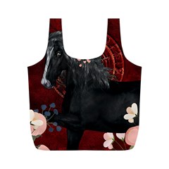 Awesmoe Black Horse With Flowers On Red Background Full Print Recycle Bags (m)  by FantasyWorld7