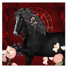 Awesmoe Black Horse With Flowers On Red Background Large Satin Scarf (square) by FantasyWorld7