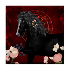 Awesmoe Black Horse With Flowers On Red Background Tile Coasters by FantasyWorld7