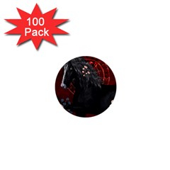 Awesmoe Black Horse With Flowers On Red Background 1  Mini Buttons (100 Pack)  by FantasyWorld7