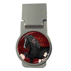 Awesmoe Black Horse With Flowers On Red Background Money Clips (round)  by FantasyWorld7