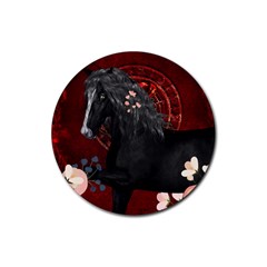 Awesmoe Black Horse With Flowers On Red Background Rubber Coaster (round)  by FantasyWorld7