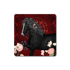 Awesmoe Black Horse With Flowers On Red Background Square Magnet by FantasyWorld7