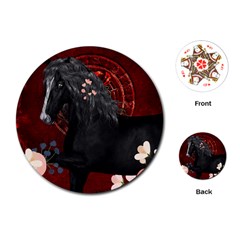 Awesmoe Black Horse With Flowers On Red Background Playing Cards (round)  by FantasyWorld7