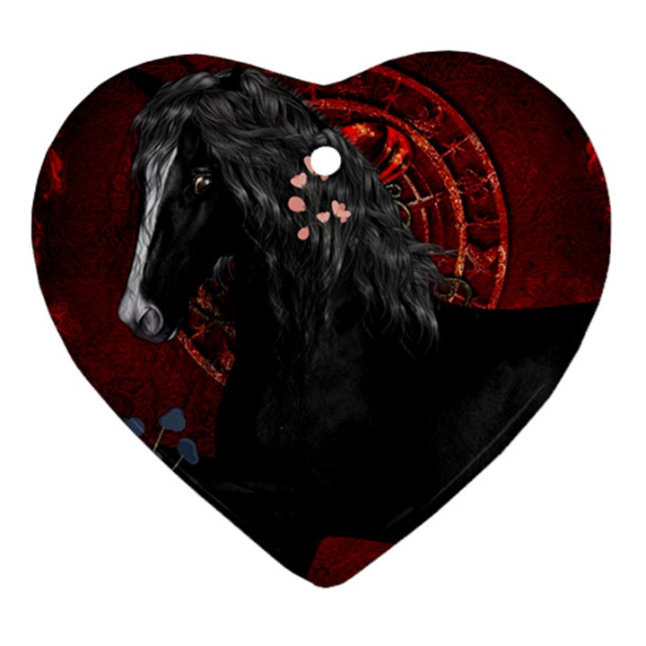 Awesmoe Black Horse With Flowers On Red Background Heart Ornament (Two Sides)