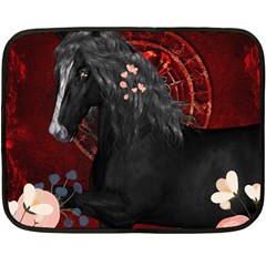 Awesmoe Black Horse With Flowers On Red Background Fleece Blanket (mini) by FantasyWorld7
