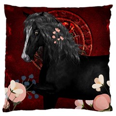 Awesmoe Black Horse With Flowers On Red Background Large Cushion Case (one Side) by FantasyWorld7