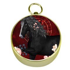 Awesmoe Black Horse With Flowers On Red Background Gold Compasses by FantasyWorld7