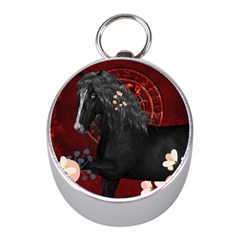 Awesmoe Black Horse With Flowers On Red Background Mini Silver Compasses by FantasyWorld7