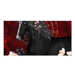 Awesmoe Black Horse With Flowers On Red Background Satin Shawl by FantasyWorld7