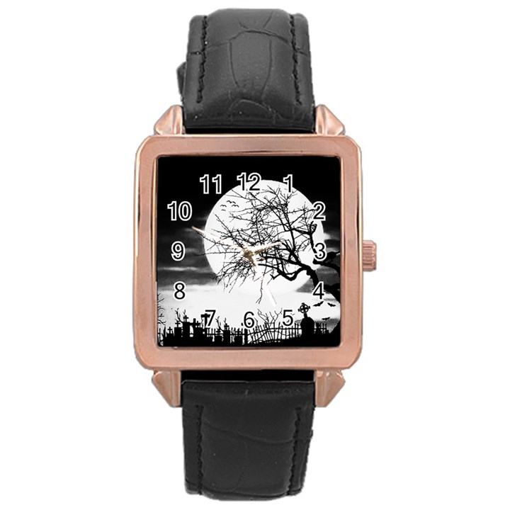 Halloween landscape Rose Gold Leather Watch 