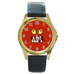 Funny Monster Face Round Gold Metal Watch by linceazul