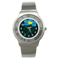 Whimsical Blue Flower Green Sexy Stainless Steel Watch