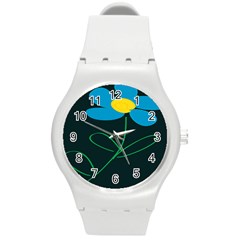 Whimsical Blue Flower Green Sexy Round Plastic Sport Watch (m)