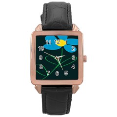 Whimsical Blue Flower Green Sexy Rose Gold Leather Watch 