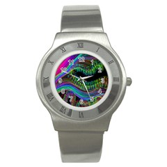 Aurora Wave Colorful Space Line Light Neon Visual Cortex Plate Stainless Steel Watch by Mariart