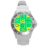 Letter Huruf S Sign Green Yellow Round Plastic Sport Watch (L) Front