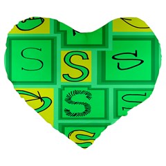 Letter Huruf S Sign Green Yellow Large 19  Premium Flano Heart Shape Cushions