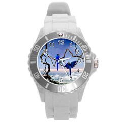 Wonderful Blue  Parrot Looking To The Ocean Round Plastic Sport Watch (l) by FantasyWorld7