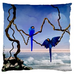 Wonderful Blue  Parrot Looking To The Ocean Large Cushion Case (one Side) by FantasyWorld7