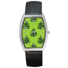 Seamless Background Green Leaves Black Outline Barrel Style Metal Watch by Mariart